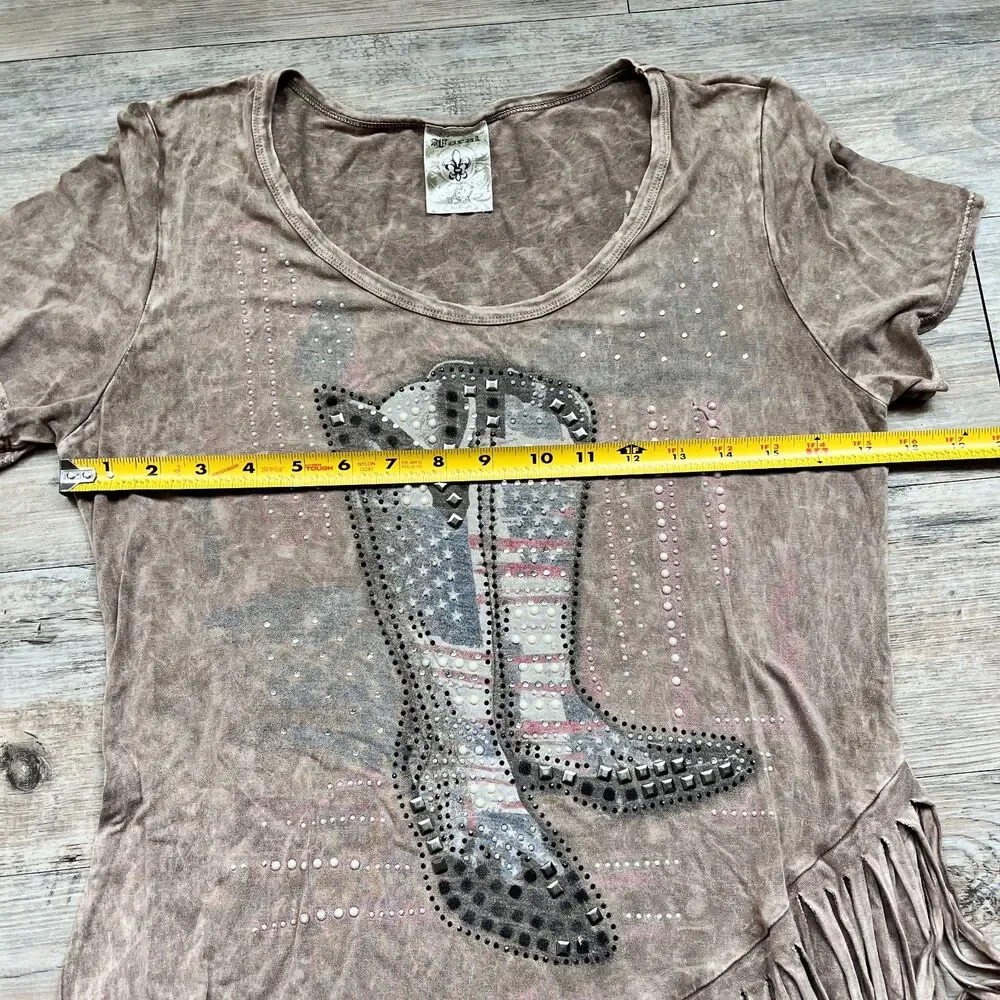 Vocal USA Cowboy Fringe Gem Top Western Rhinestone Boot Graphic Affliction M L - Picture 6 of 10